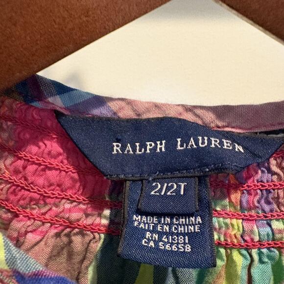 Ralph Lauren Dress Girls 2T Plaid Smocked Long Sleeve Pony Logo Madras Multi - Picture 2 of 11